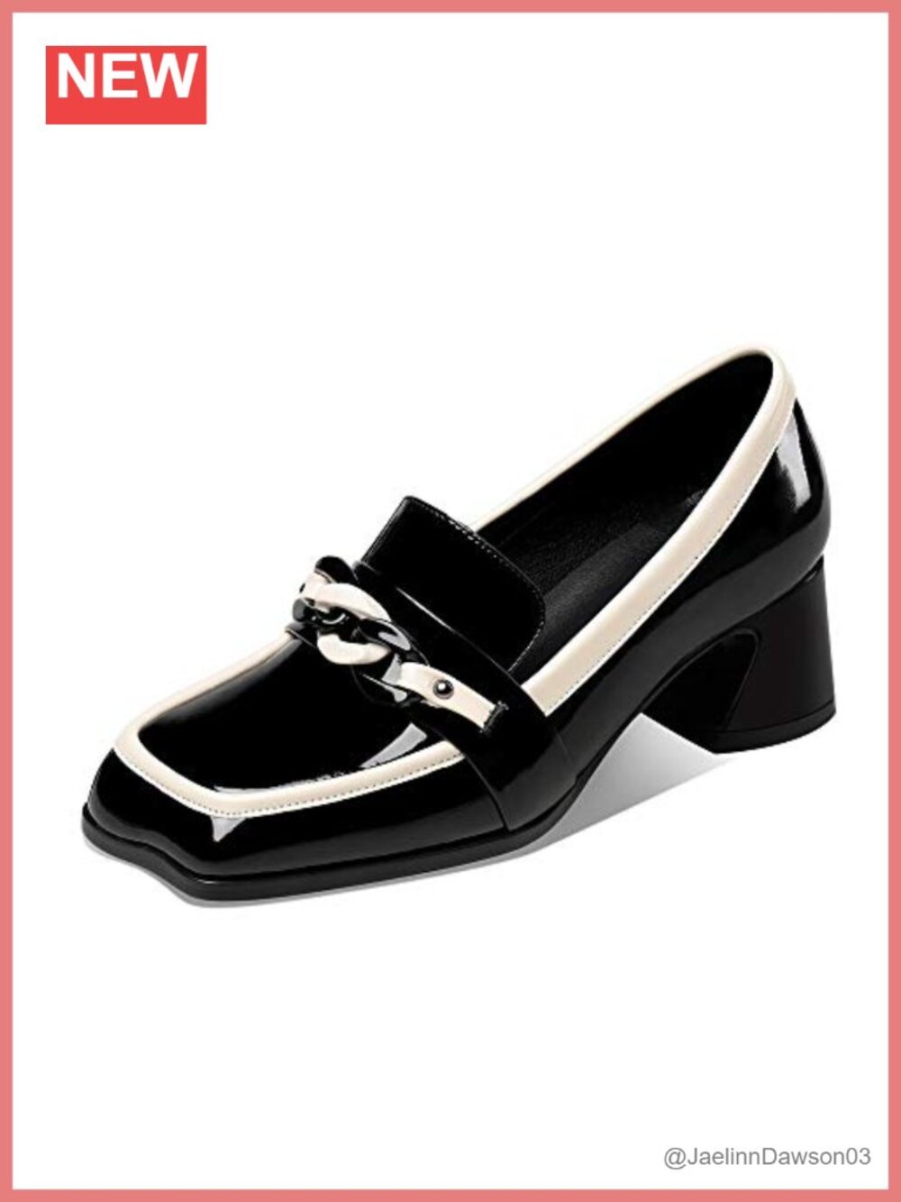 Patent Leather Square Toe Loafers Chunky Heel Chain Slip On